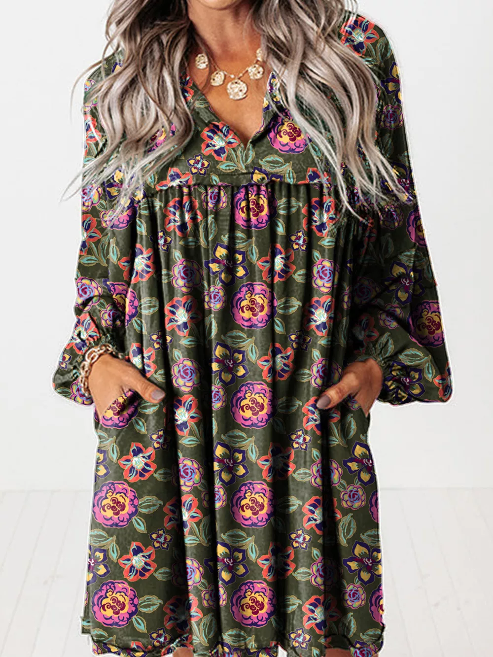 Floral Print Split Neck Bubble Sleeve Shift Mini Dress