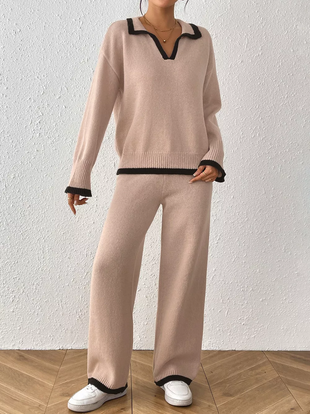 Contrast Trim Polo Collar Top and Pants Sweater Set, image 3