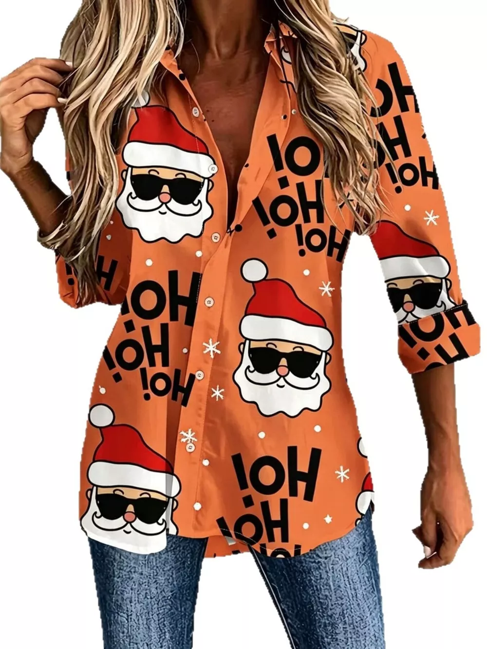 Full Size Christmas Santa Claus Print Button-Down Shirt Plus Size, image 9