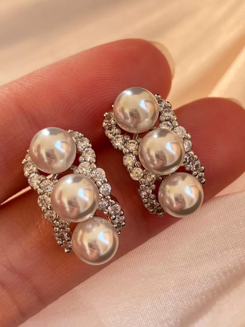 Zircon Triple Pearl Drop Earrings, image 4