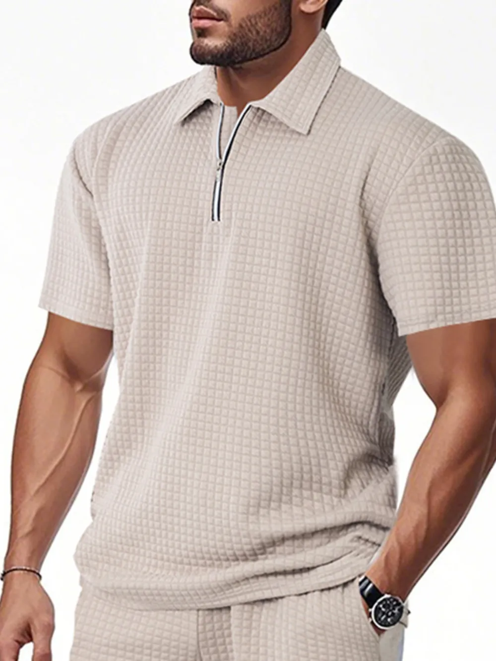 Men's Full Size Waffle Short Sleeve Polo with Zipper Detail Plus Size, image 11