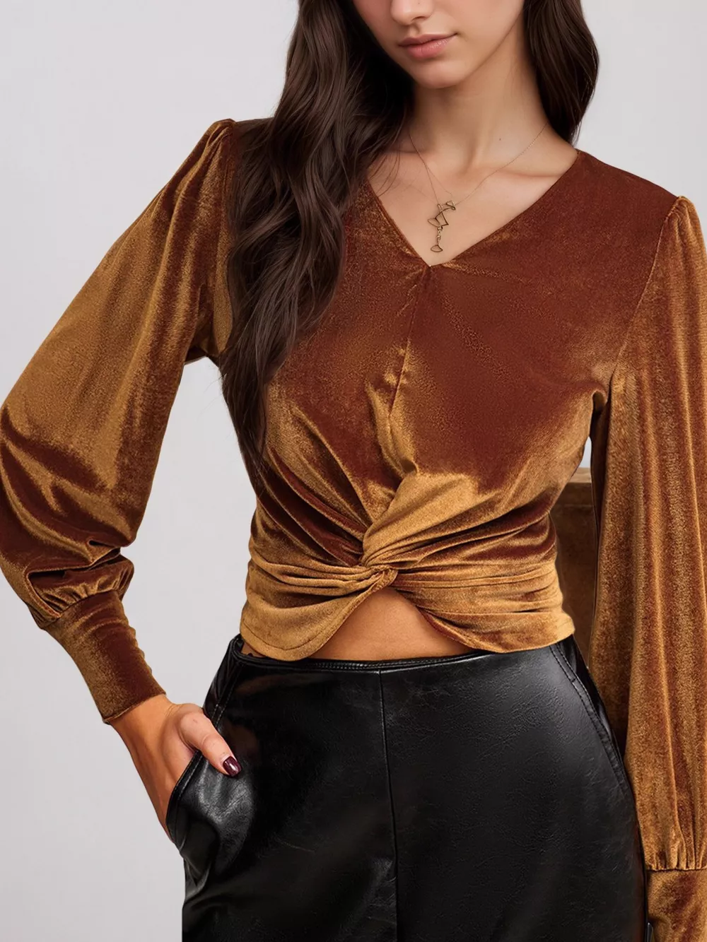 Twisted V-Neck Long Sleeve Blouse
