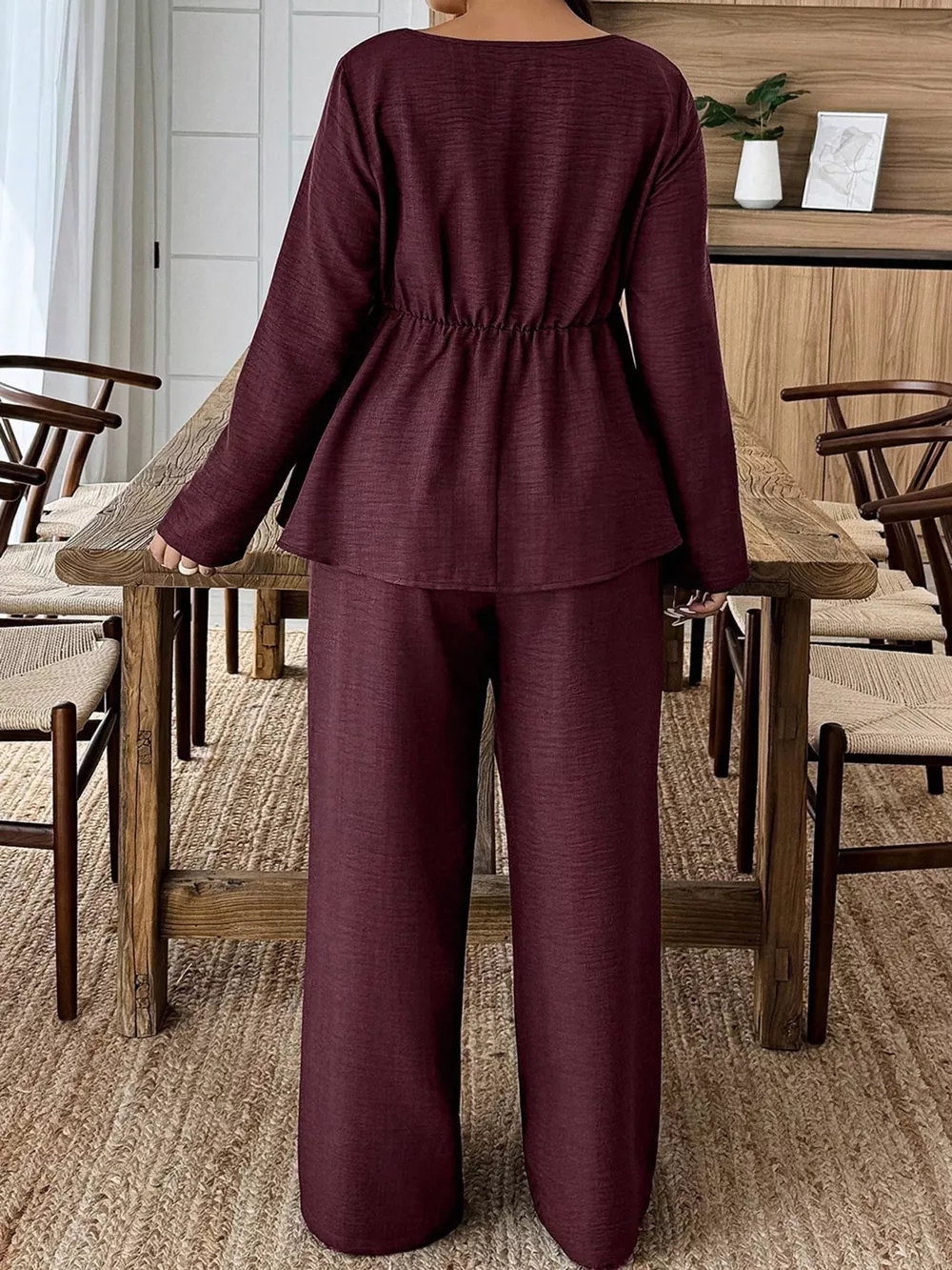 Plus Size Square Neck Long Sleeve Top and Pants Two-Piece Set, image 12