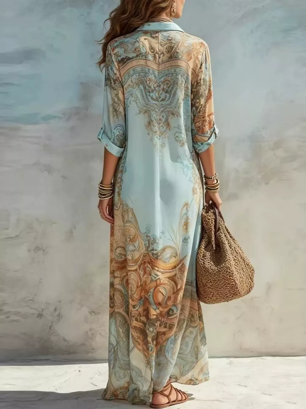 Full Size Printed Button Down Roll-Up Sleeve Shirt Maxi Dress Plus Size, image 3