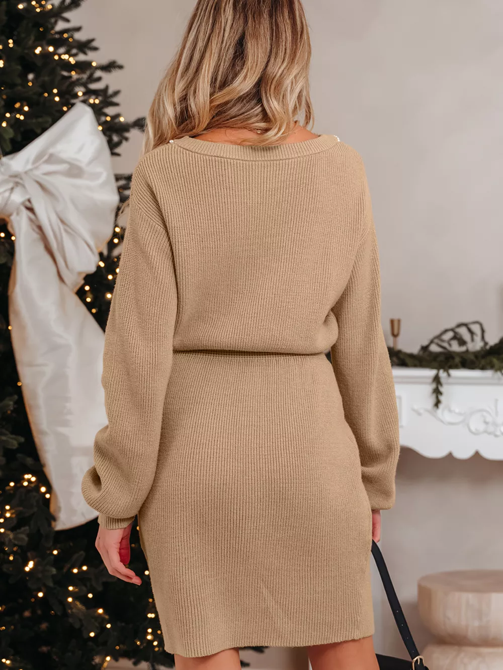 Pearl Embellished Keyhole Ribbed Sweater Dress, image 13