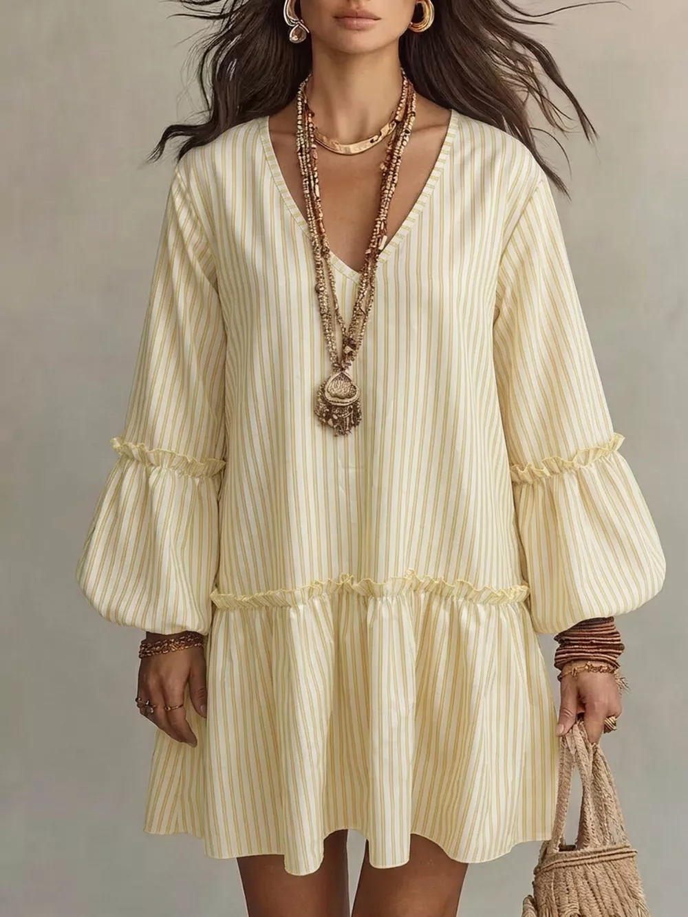 Full Size Striped Balloon Sleeve Mini Dress Plus Size, image 3