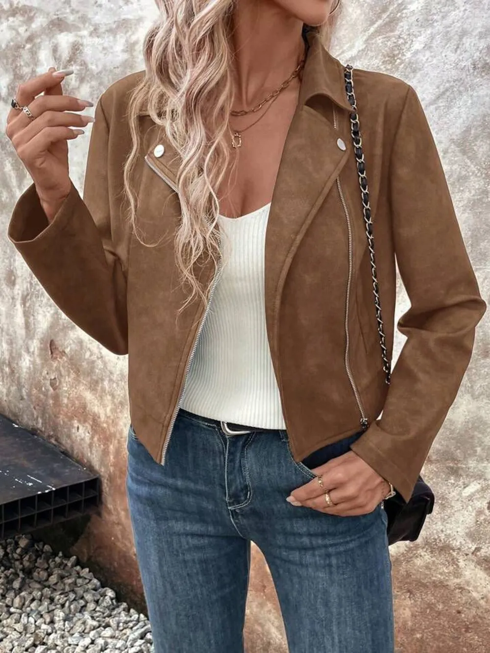 Zip Up Suede Cropped Moto Jacket, image 24
