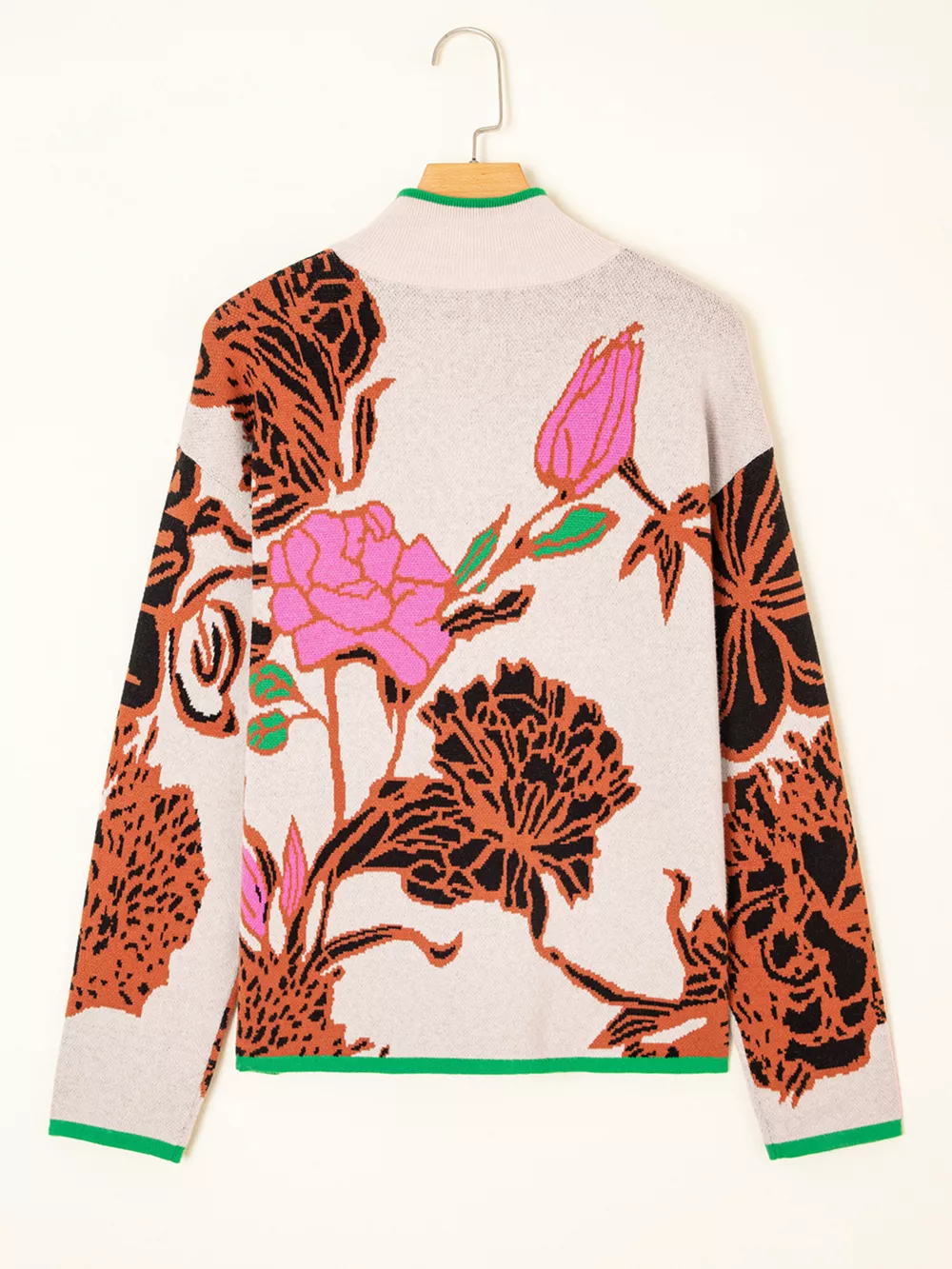Floral Pattern Knit Quarter Zip Stand Neck Sweater, image 8