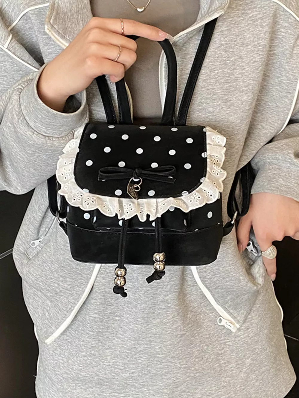 Polka Dot Lace Trim Backpack Bag