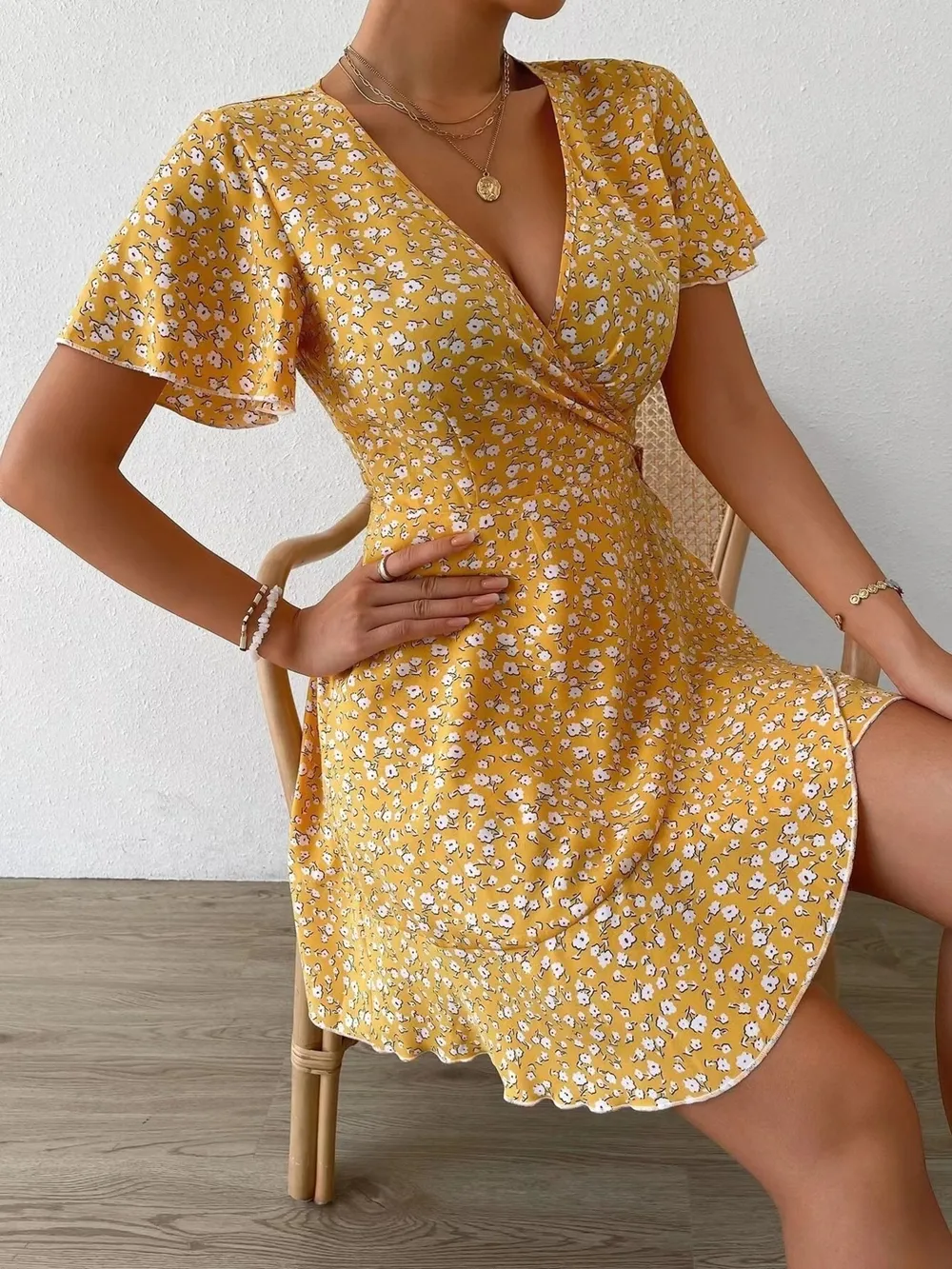 Floral Flutter Sleeve Wrap Mini Dress, image 18