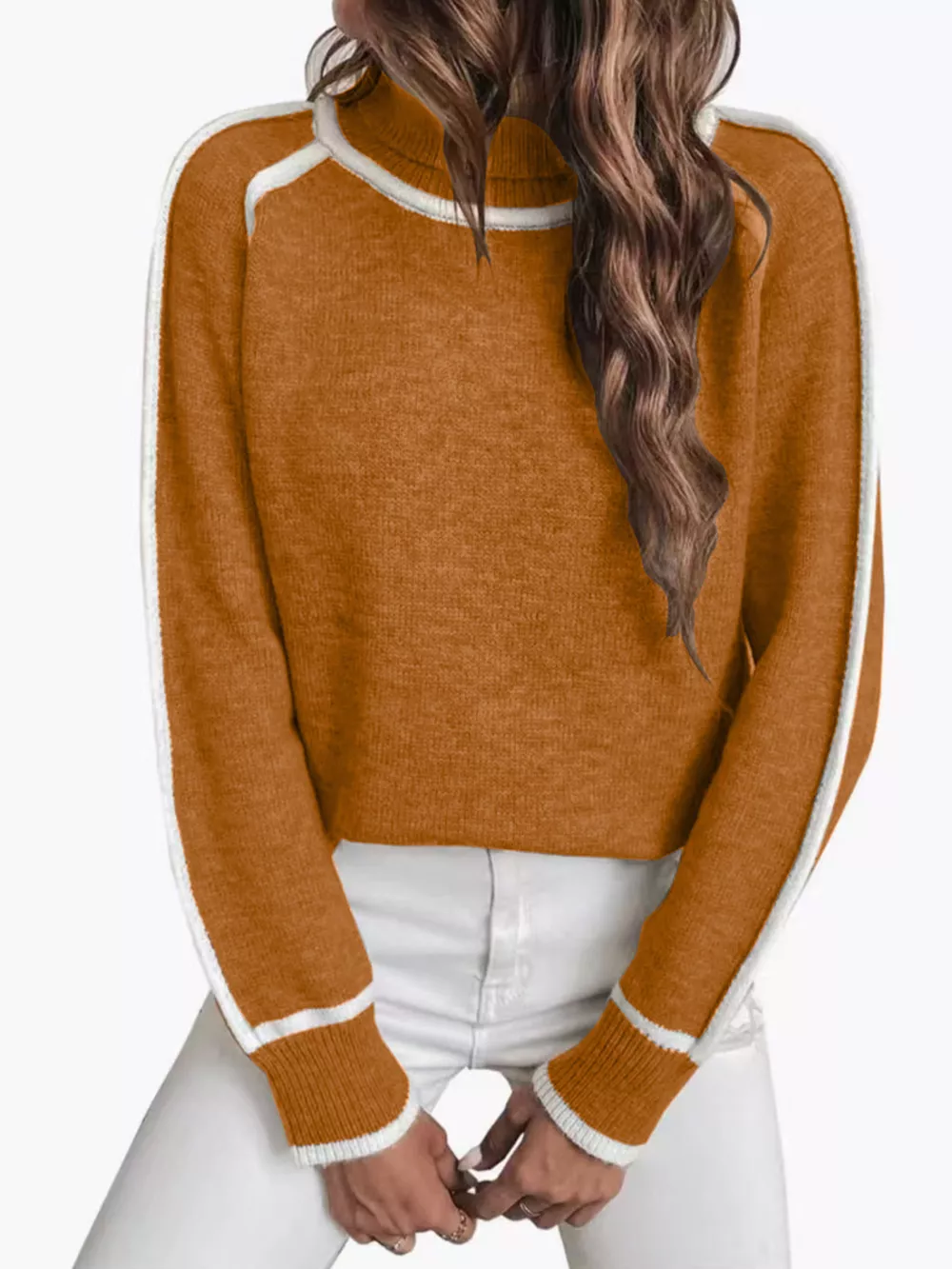 Full Size Contrast Trim Ribbed Hem Turtleneck Sweater Plus Size, image 10