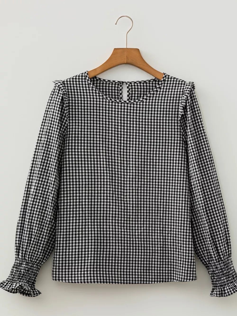 Plaid Shirred Cuff Long Sleeve Round Neck Blouse, image 6