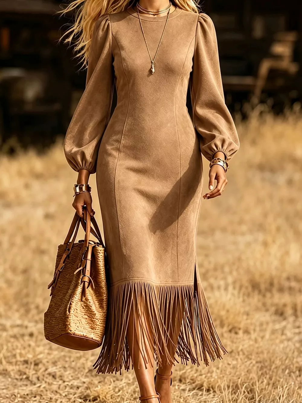 Fringe Balloon Sleeve Midi Dress, image 9