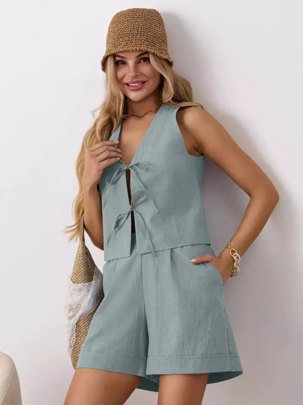 Tie-Front Sleeveless Top and Shorts Set