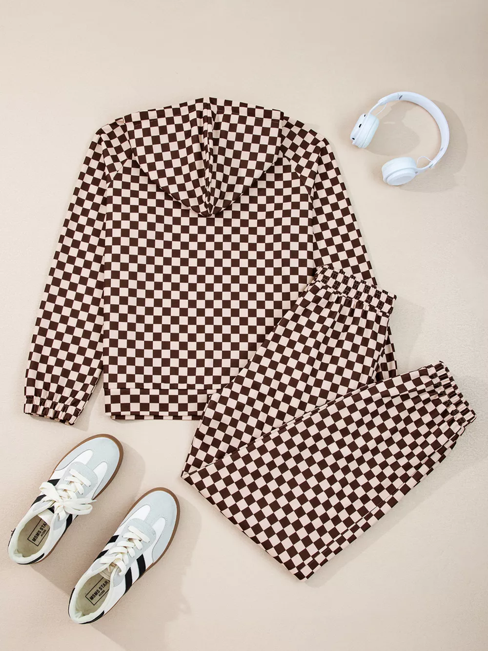 Checkered Drawstring Hoodie and Pants Set, image 18