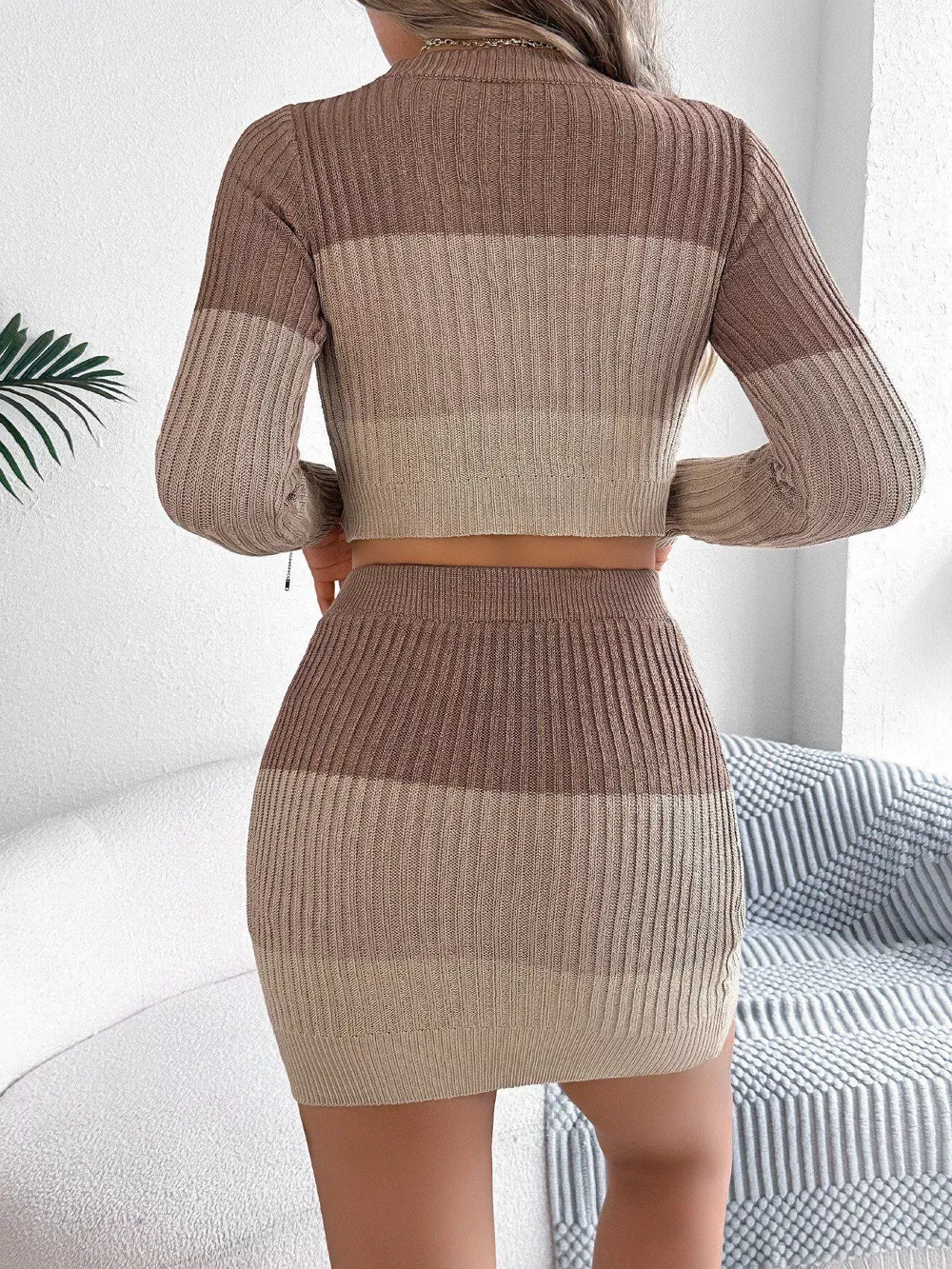Color Block Ribbed Knit Top and Skirt Sweater Set, image 12
