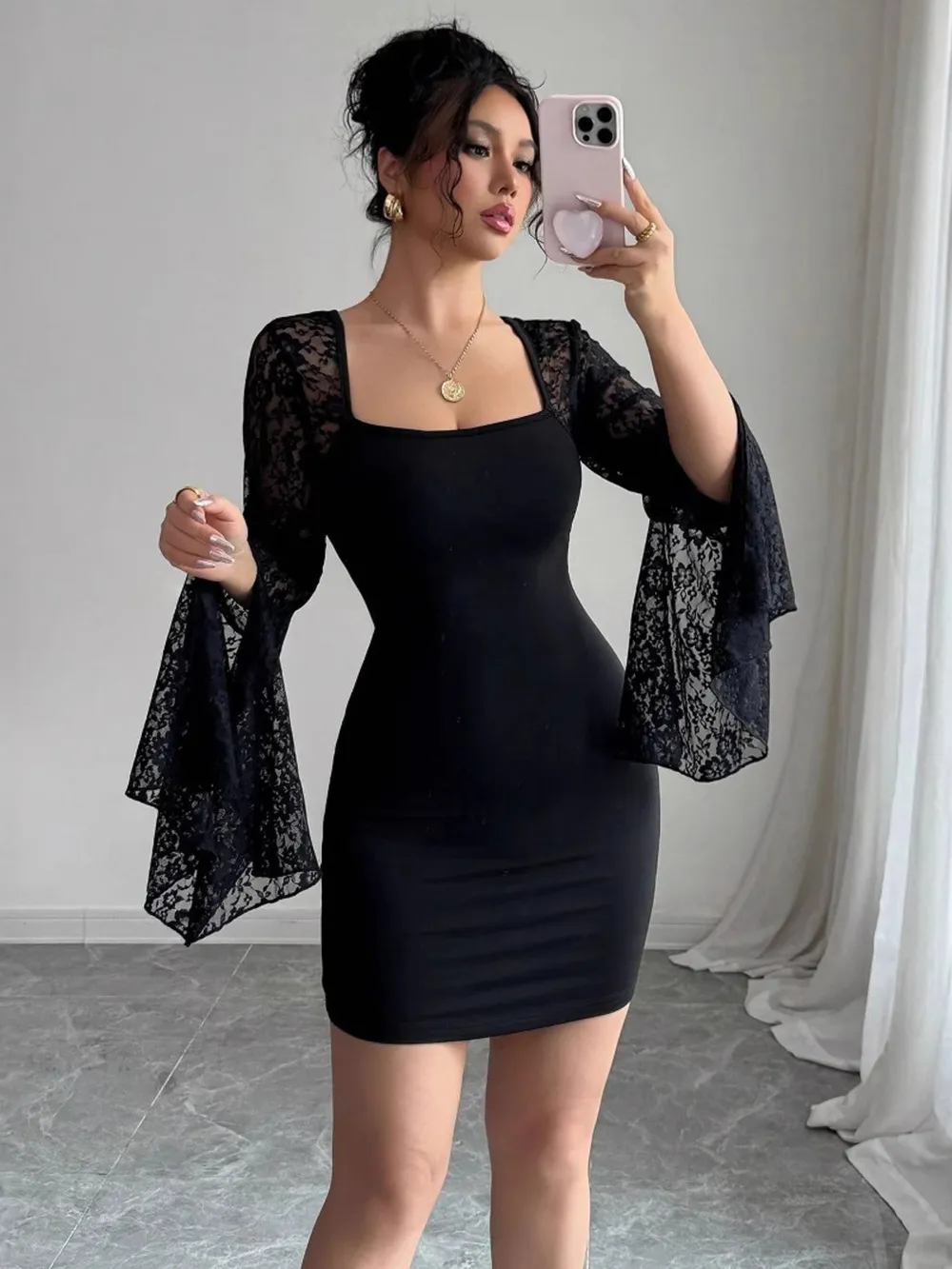 Square Neck Lace Bell Sleeve Bodycon Dress, image 5