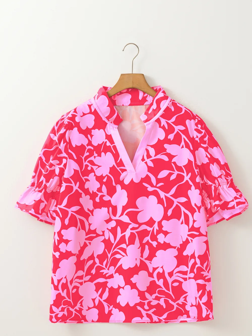 Floral Split V Neck Ruffled Short Sleeve Blouse Top, image 6