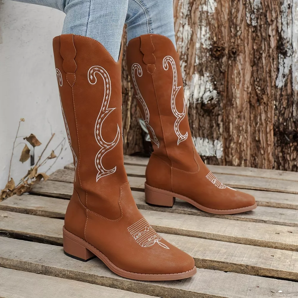 Embroidered Round Toe Block Heels Boots, image 8