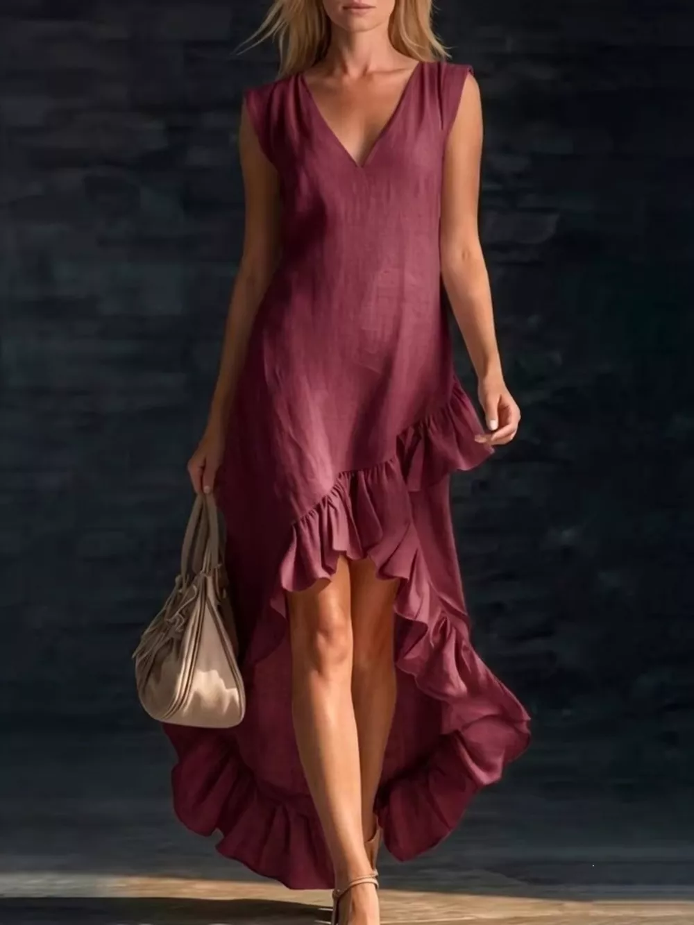 Full Size Ruffled Asymmetrical Hem V-Neck Sleeveless Dress Plus Size, image 8