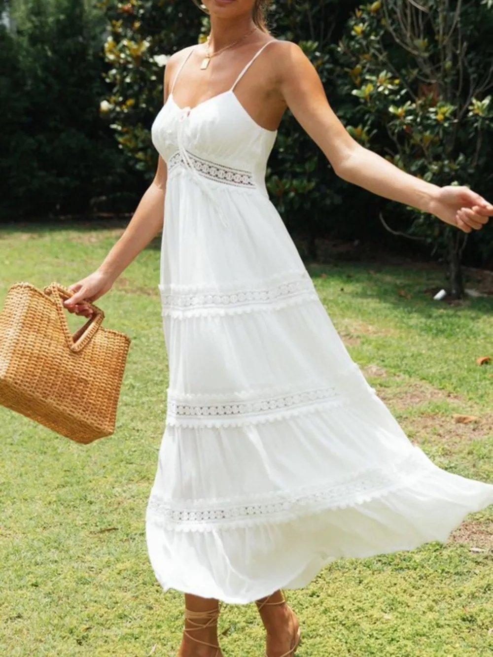 Lace Trimmed Tiered Midi Cami Dress, image 3