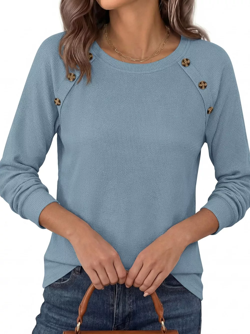Decorative Button Waffle Knit Long Sleeve T-Shirt, image 13