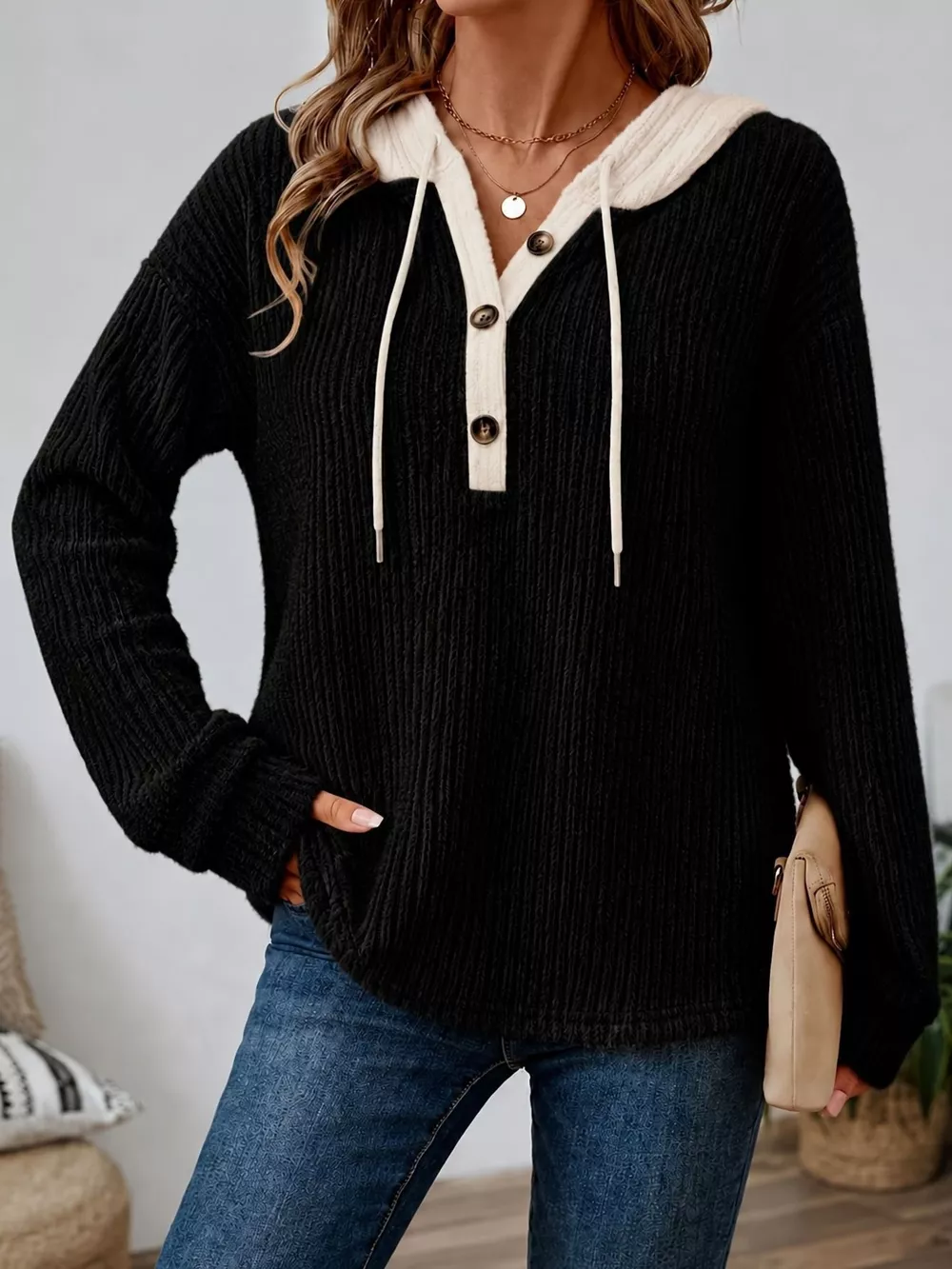 Full Size Drawstring Button Detail Hooded Sweater Plus Size, image 16