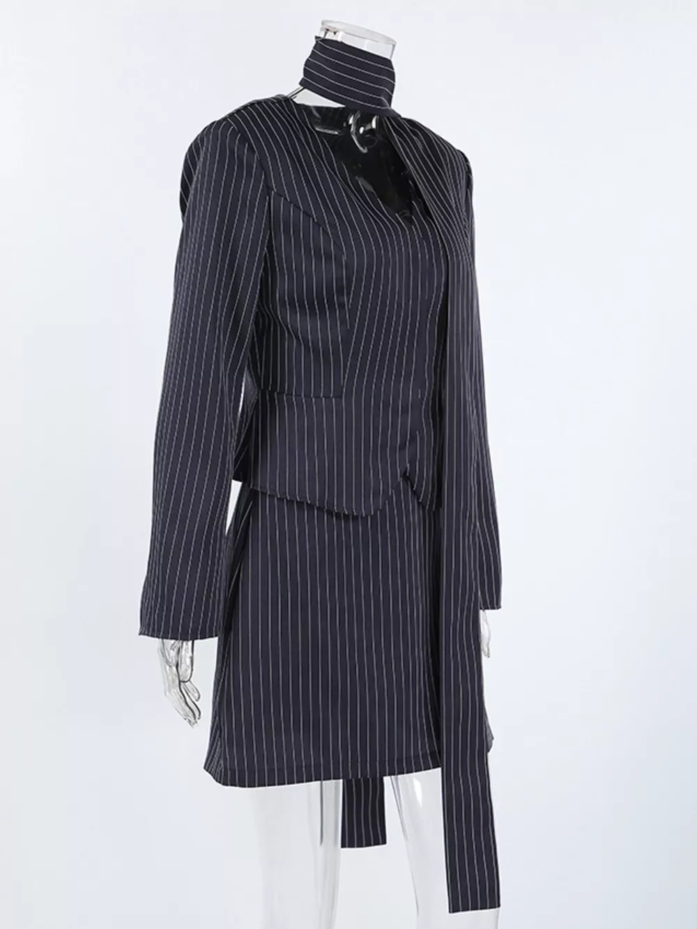 Striped Blazer and Mini Skirt Set with Scarf Detail, image 8