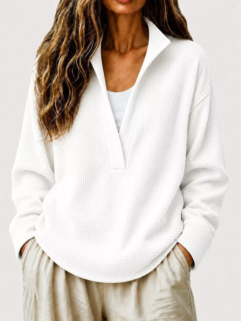 Full Size Waffle Knit Dropped Shoulder Sweatshirt Plus Size, image 17
