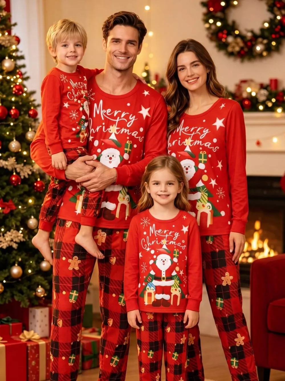 Family Matching Christmas Pajama Set with Santa and Plaid Print, image 4