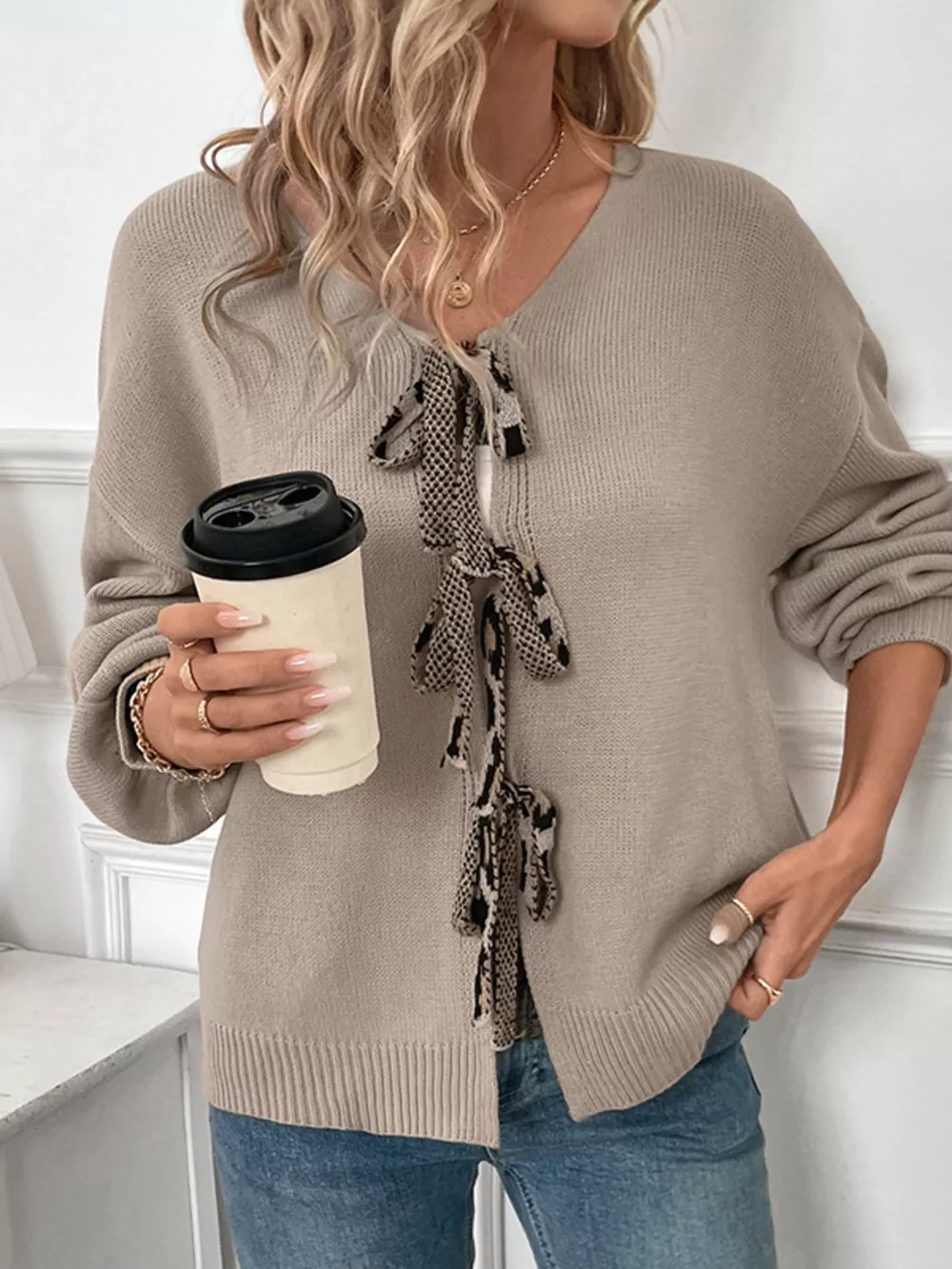 Leopard Heart Back Tie-Front Knit Cardigan