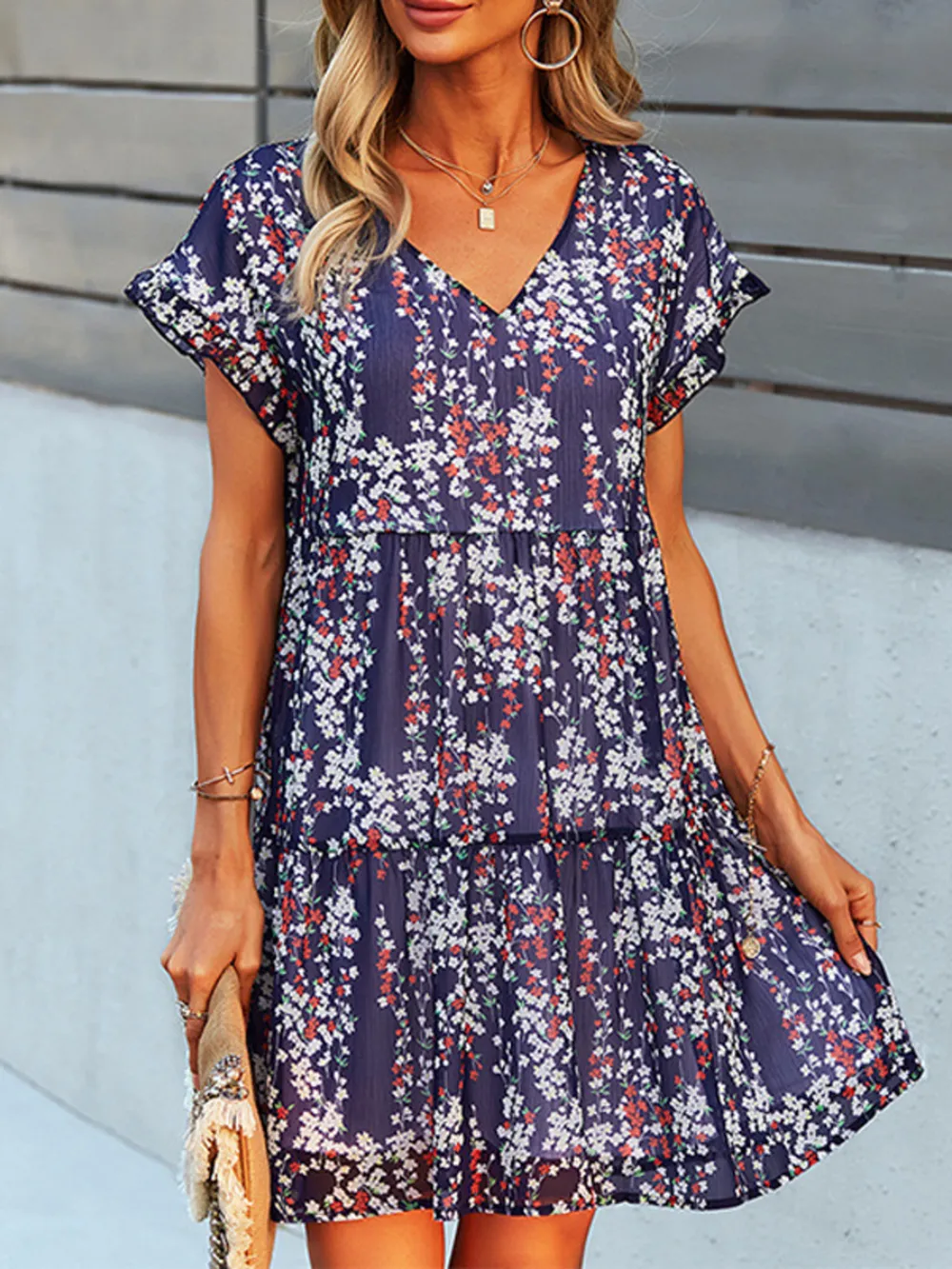 Floral Print V-Neck Ruffle Tiered Summer Mini Dress, image 25