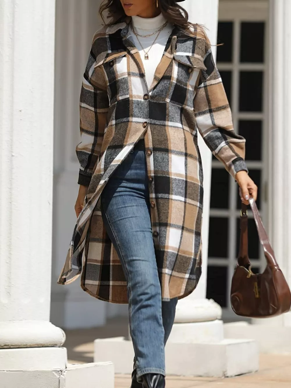 Longline Plaid Button-Up Coat, image 4