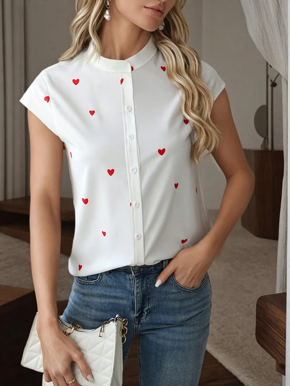 Heart Print Cap Sleeve Button-Up Shirt, image 4
