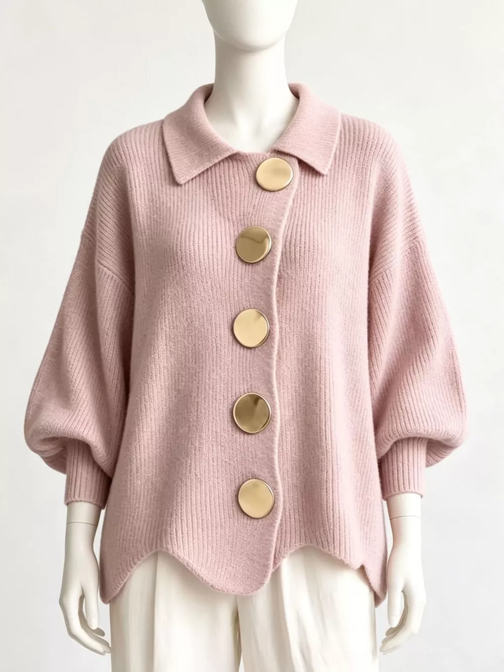 Full Size Collared Wavy Hem Knit Cardigan with Metal Button Plus Size, image 7