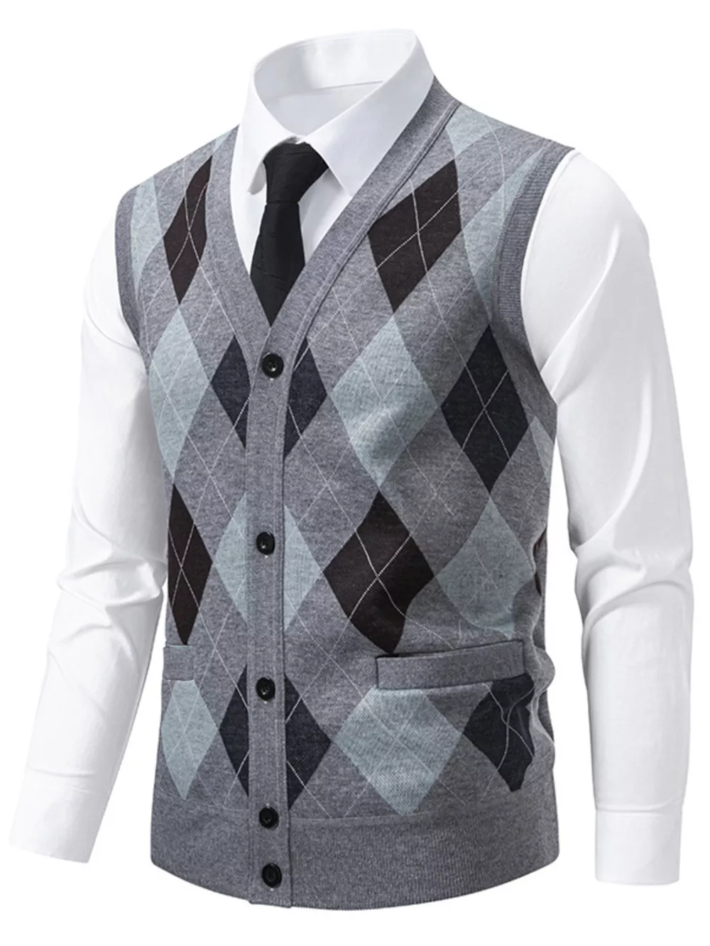 Men's Plus Size Argyle Pattern V-Neck Button-Down Cardigan Vest, image 6