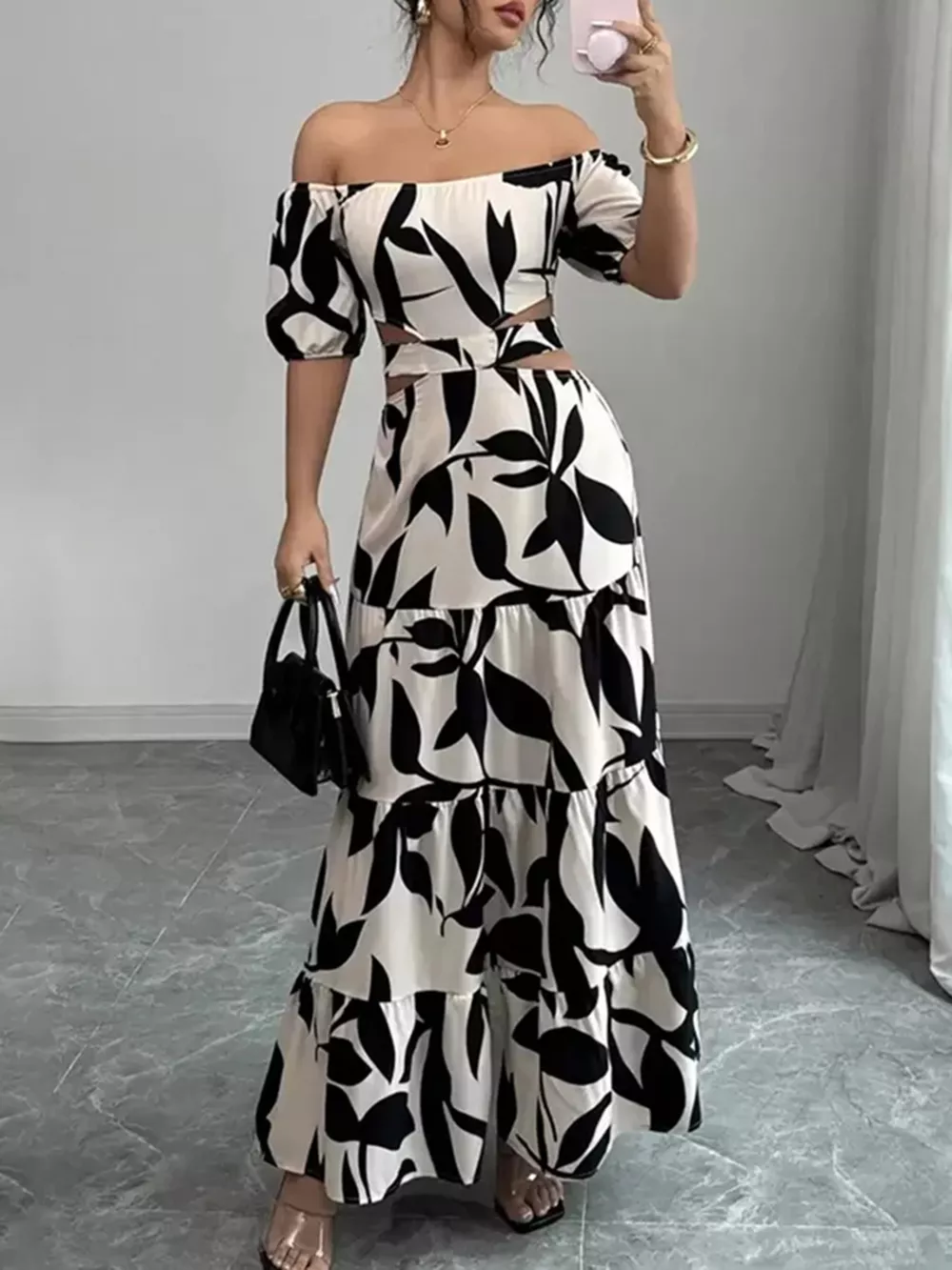 Off-Shoulder Cutout Leaf Print Maxi Dress, image 2
