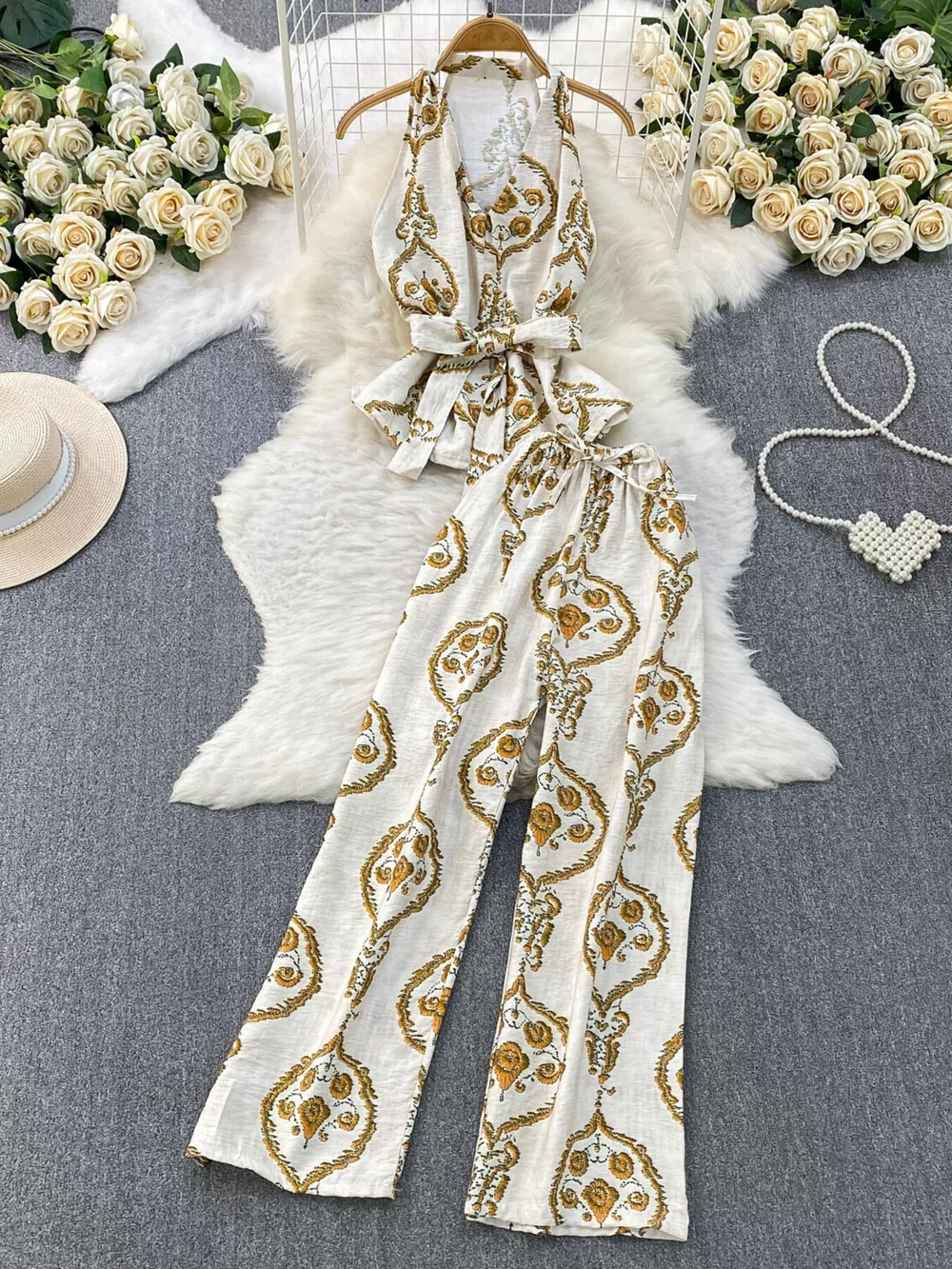 Printed Sleeveless Top and Wide Leg Pants Set, image 16