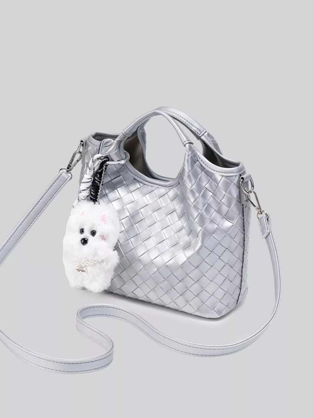 Metallic Woven Shoulder Bag with Cute Plush Bear Charm, image 8