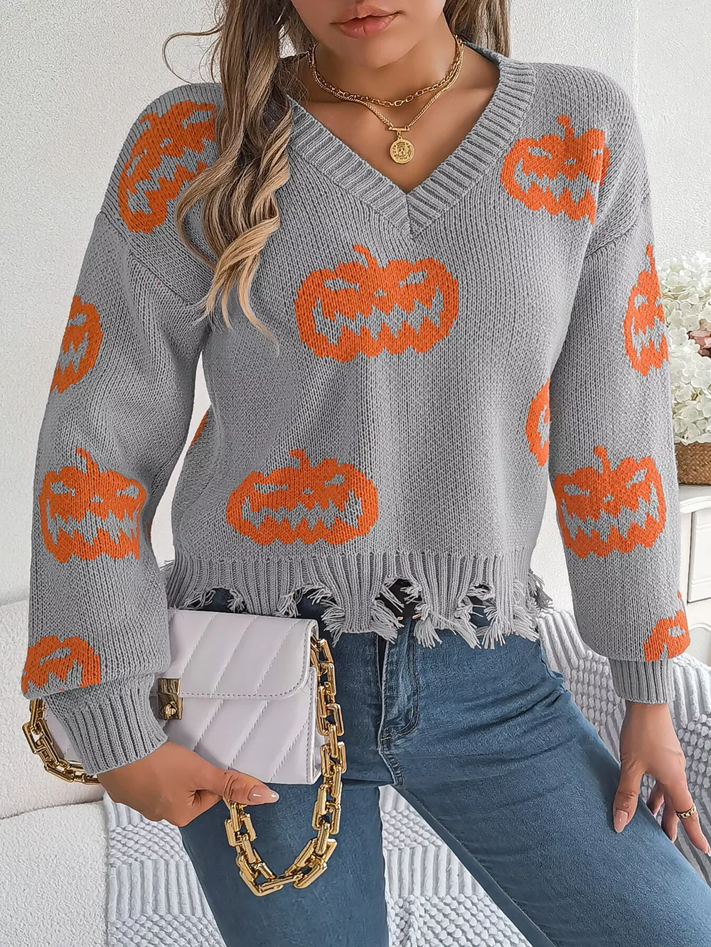 Pumpkin Distressed Hem Sweater, image 2