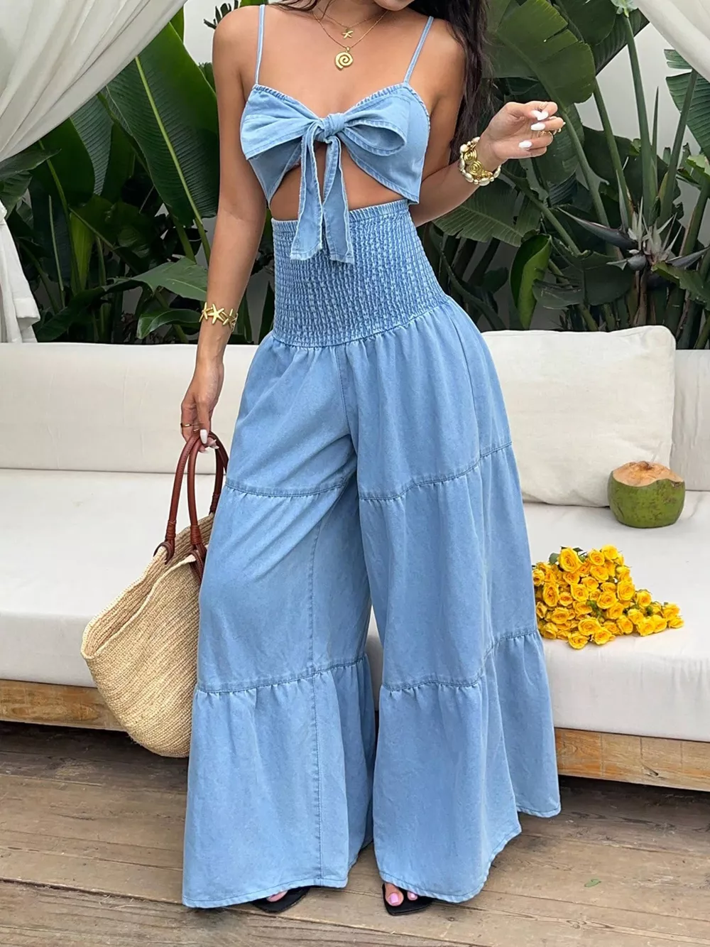 Tie-Front Cutout Smocked Wide Leg Denim Jumpsuit, image 2