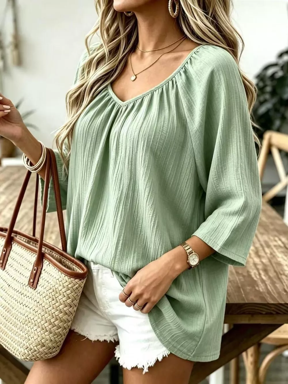 Full Size Textured V-Neck Casual T-Shirt Plus Size, image 6