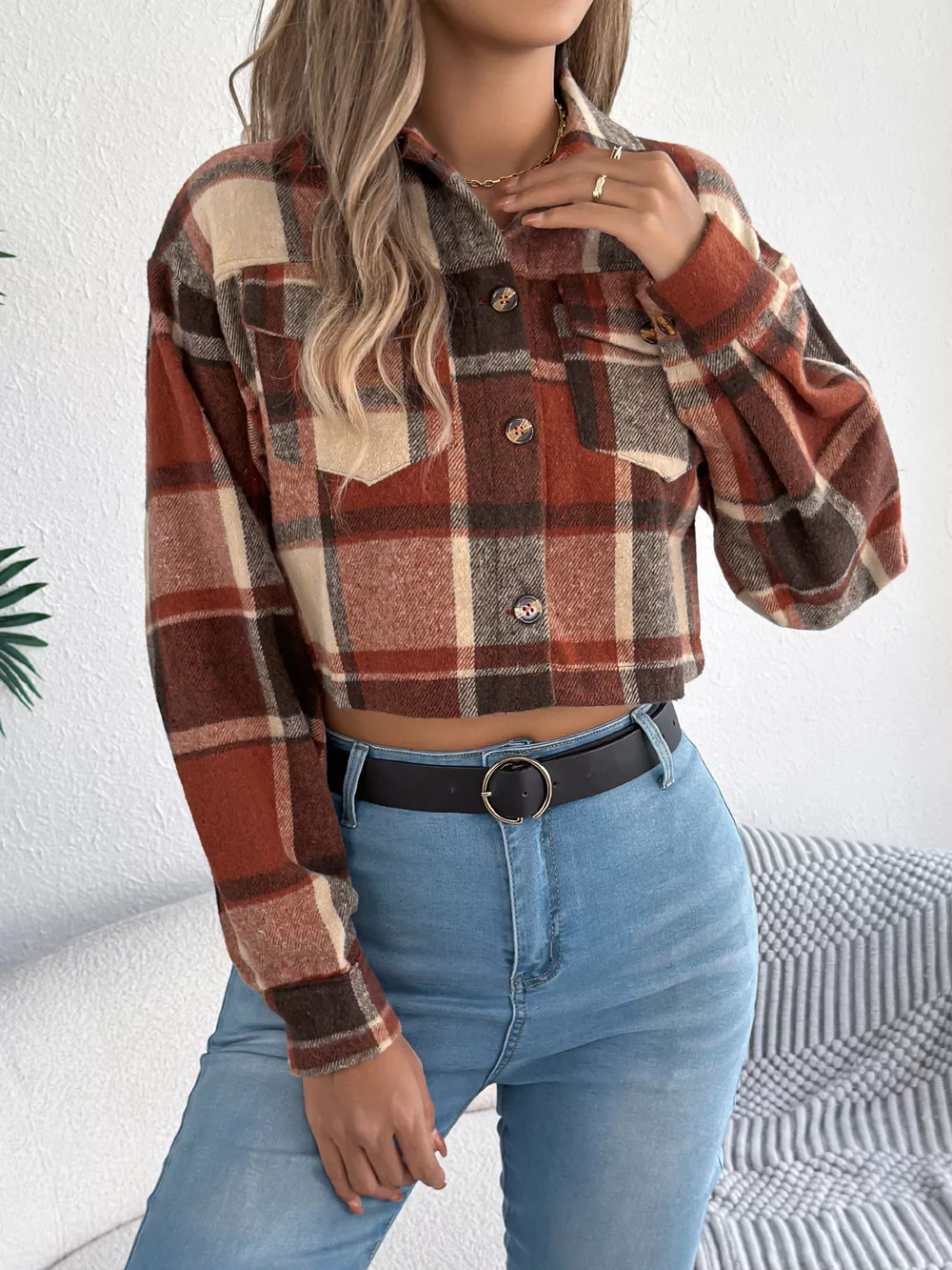 Plaid Button Up Cropped Jacket, image 8