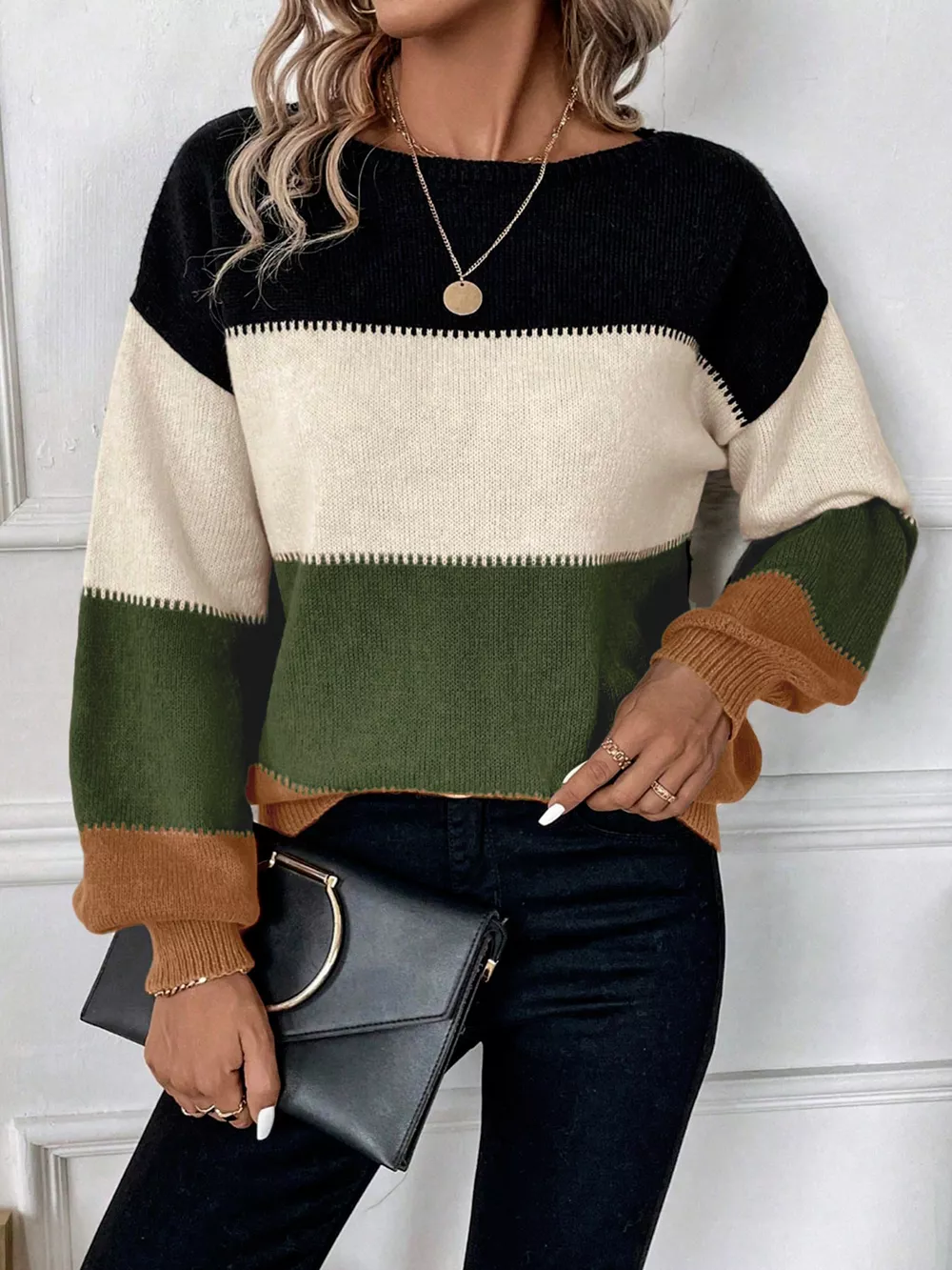 Color Block Round Neck Knit Sweater, image 6