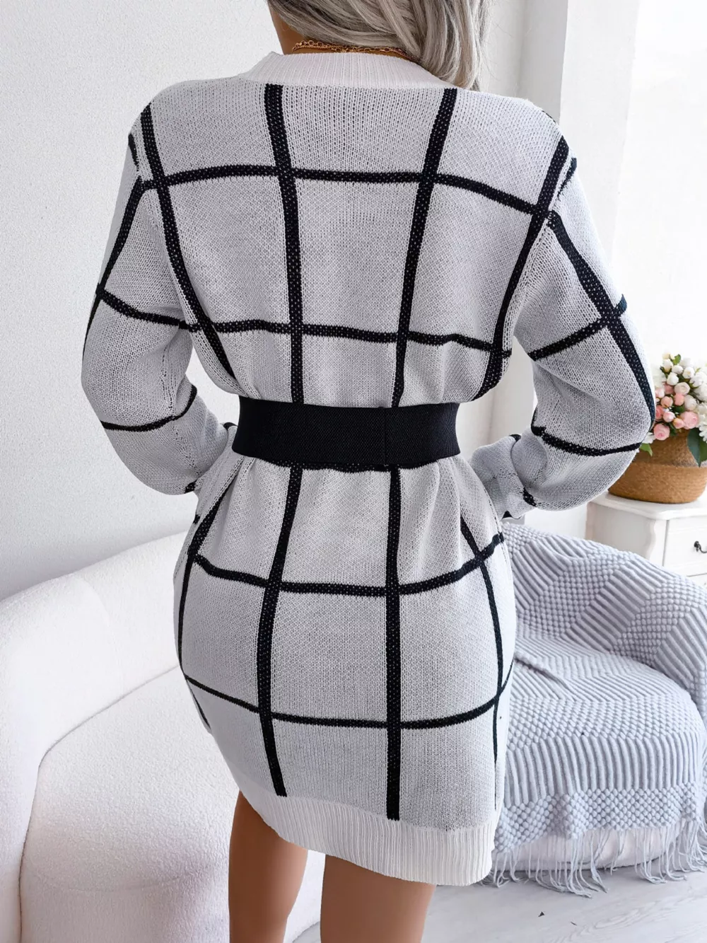 Plaid Pattern Long Sleeve Sweater Dress, image 24