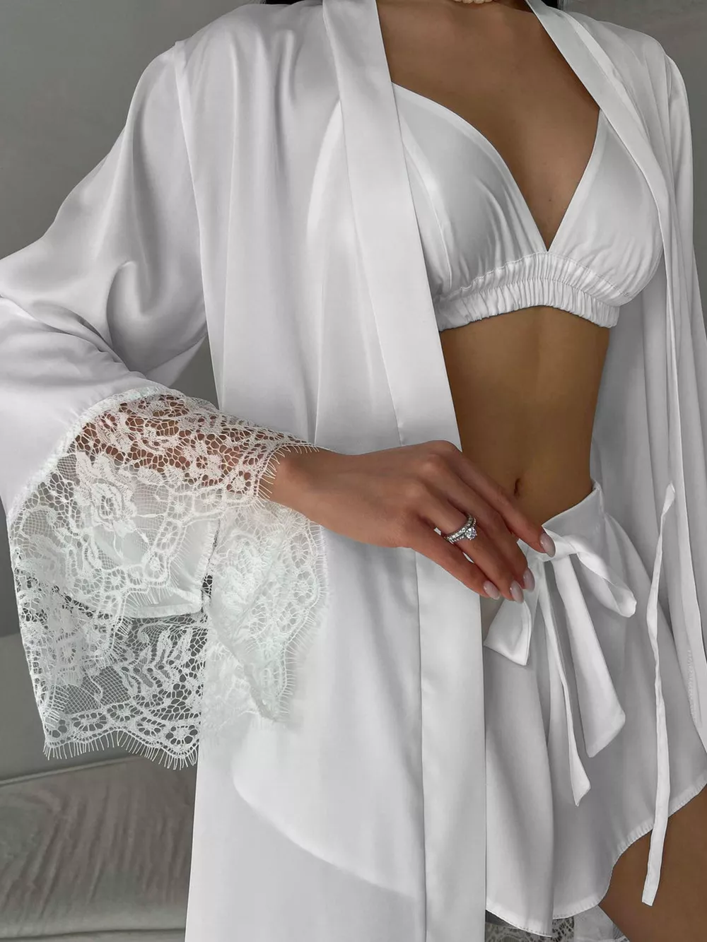 Cami & Lace Trim Cardigan & Shorts Lounge Set, image 7