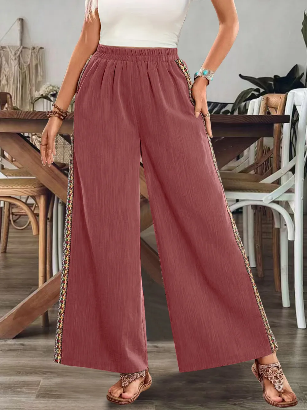 Bohemian Wide Leg Embroidered Side Stripe Pants, image 16