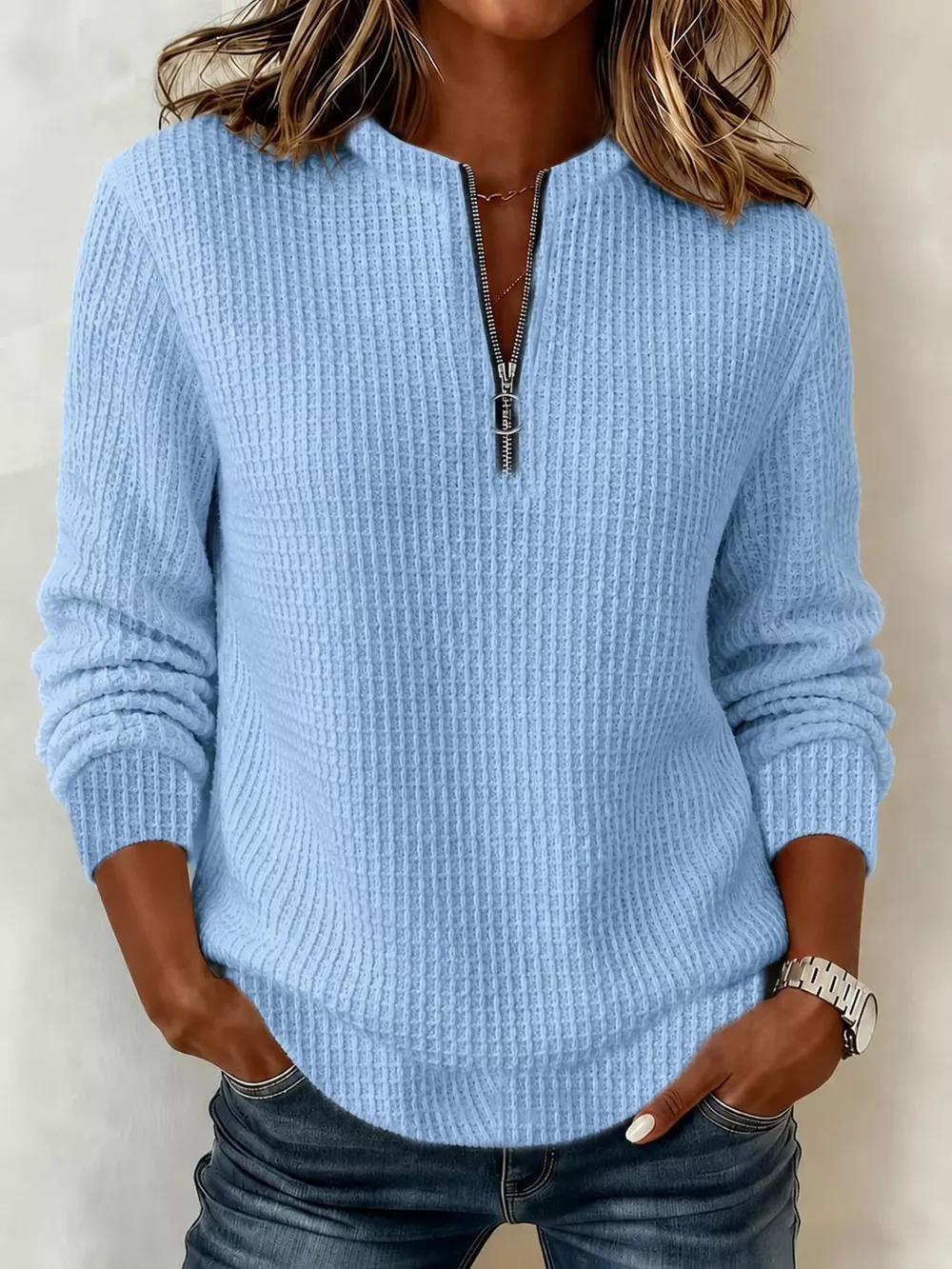 Full Size  Quarter-Zip Waffle Knit Sweatshirt Plus Size, image 2