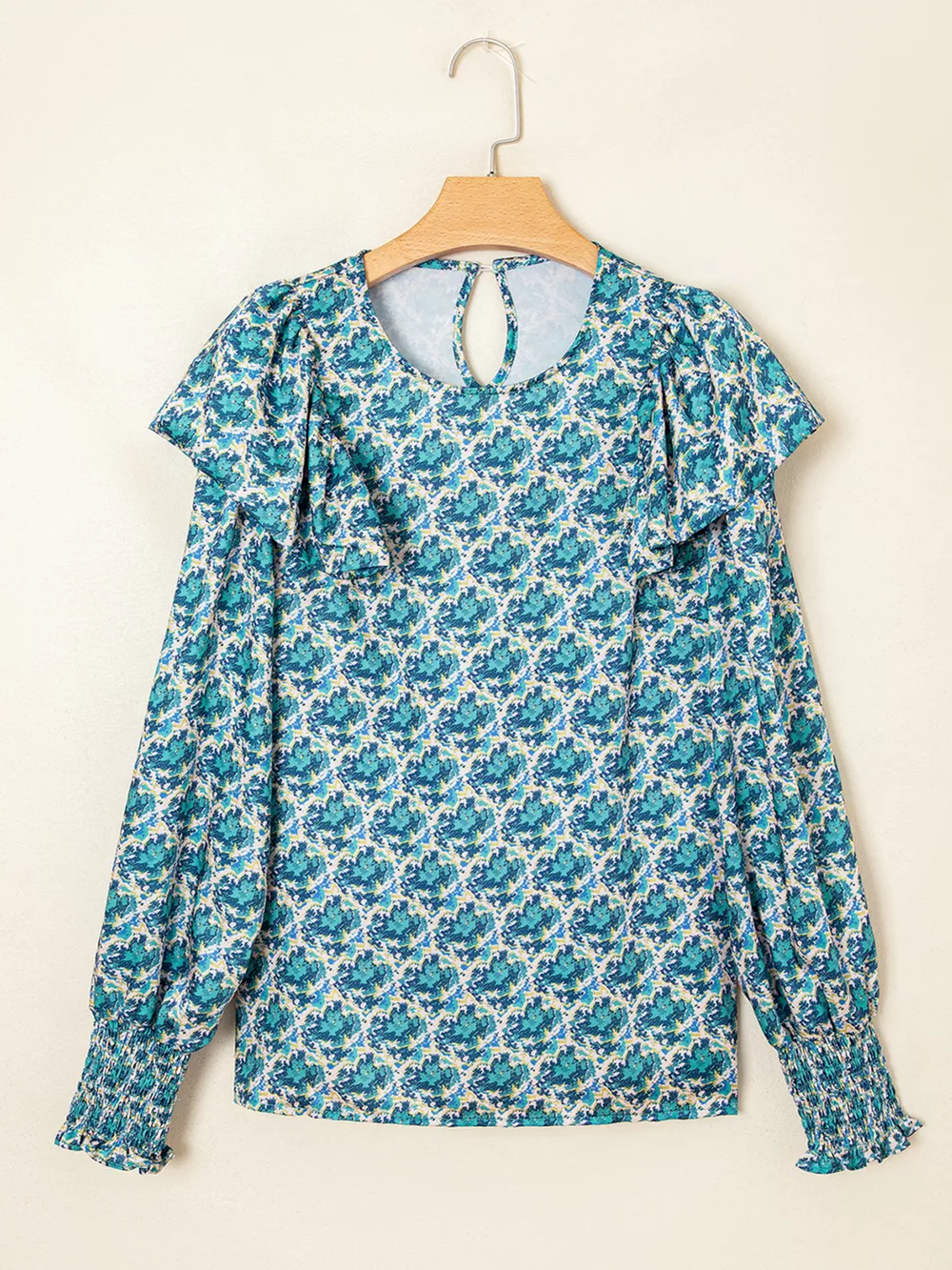 Abstract Print Shirred Cuff Ruffled Puff Sleeve Blouse, image 6