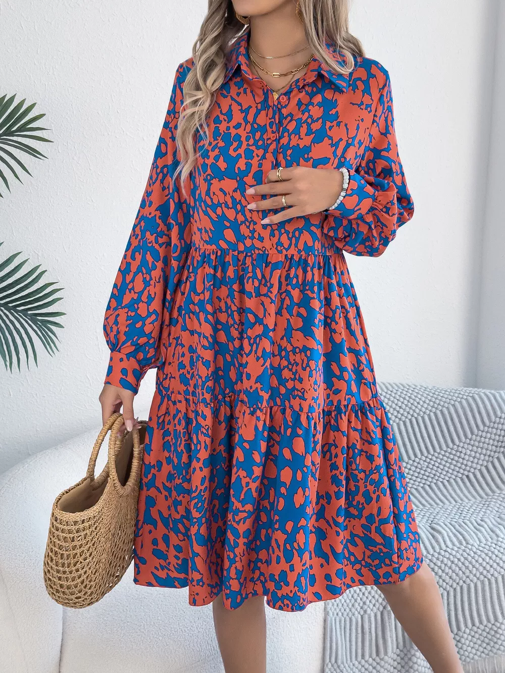 Printed Collared Neck Long Sleeve Dress, image 17